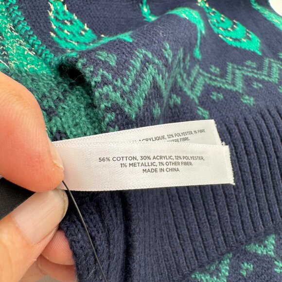 Talbots Whimsy Fair Isle Scarf blue green Trees Holiday Festive Navy Green Gold - Picture 6 of 10